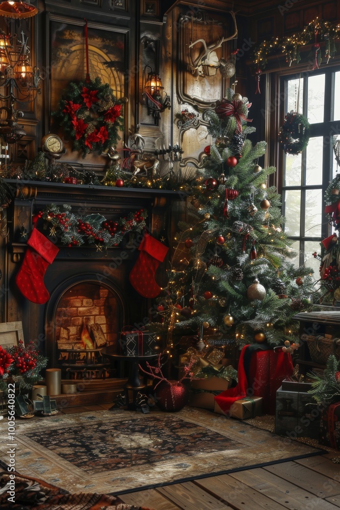 A cozy room with a fireplace, a Christmas tree, and a wreath on the mantle. The room has a warm and inviting atmosphere, perfect for the holiday season A cozy room with a fireplace, a Christmas tree, and a wreath on the mantle. The room has a warm and inviting atmosphere, perfect for the holiday season