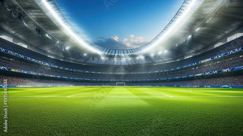 Realistic European football stadium with full-sized regulation football field, designed to match the dimensions and appearance of professional European stadiums.  photo