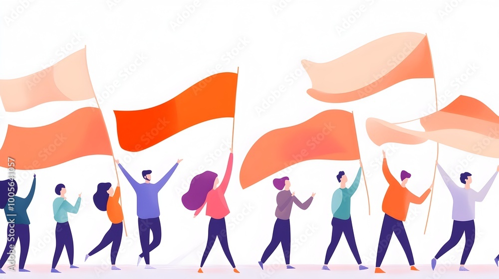 Obraz premium Flat design showcasing the joyous of Flag Day with people enthusiastically waving flags in a patriotic and festive display