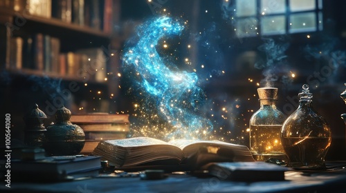 Magic books with potion bottles and stars. photo