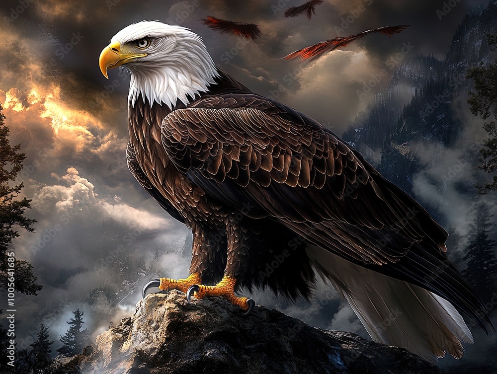Fototapeta premium Majestic Bald Eagle Perched on Rocky Cliff: A Striking Poster for Sports Decor, Capturing Nature's Power Amidst Misty Forest and Dramatic Clouds