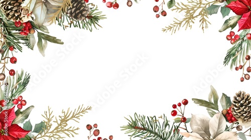 A white background with a red and green Christmas tree and red berries. Decorative watercolor frame for cards, invitations, banners