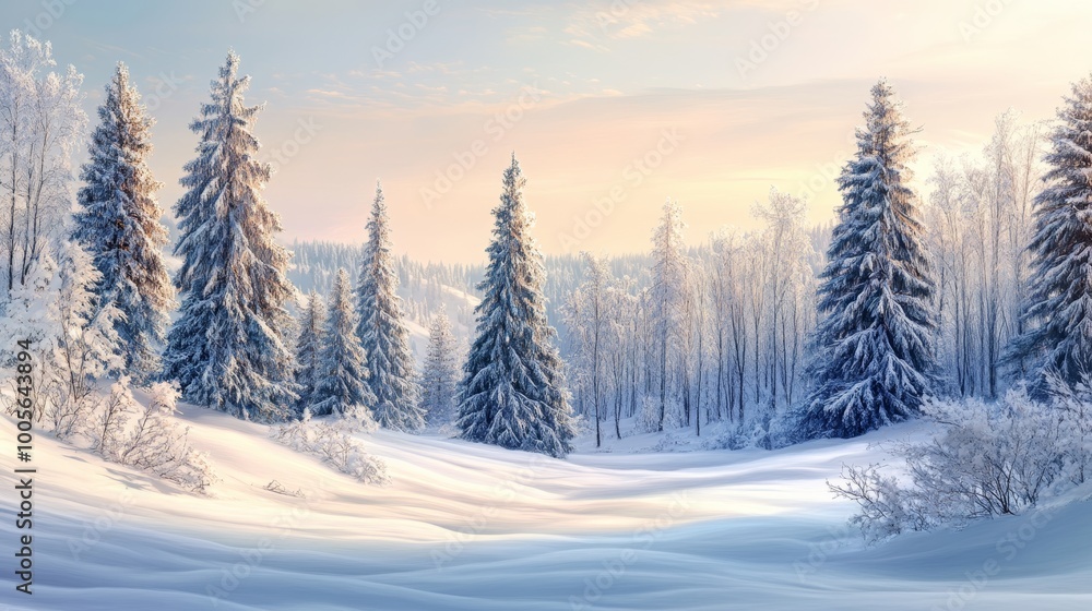 Snowy winter landscape with pine trees at Snowy winter landscape with pine trees at