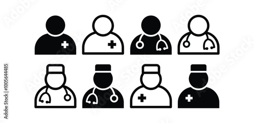 set of doctor profile user account avatar icon symbol sign vector design black white color illustration isolated
