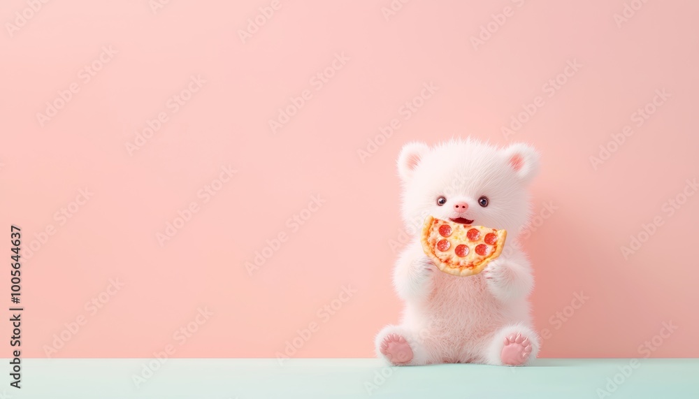 A cute bear cub joyfully eating pizza, sitting on a soft gradient pastel peach and mint background. A cute bear cub joyfully eating pizza, sitting on a soft gradient pastel peach and mint background.