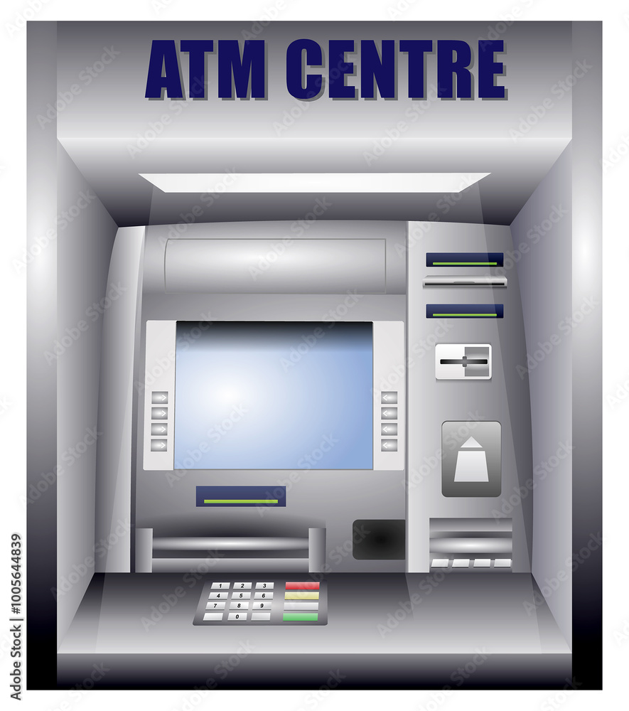 An illustration of a ATM Machine, atm bank cash machine with screen, Keypad for debit or credit card. Realistic Illustration of a ATM Machine with blank Interface, Keypad, Slot for Credit Card and Cur An illustration of a ATM Machine, atm bank cash machine with screen, Keypad for debit or credit card. Realistic Illustration of a ATM Machine with blank Interface, Keypad, Slot for Credit Card and Cur
