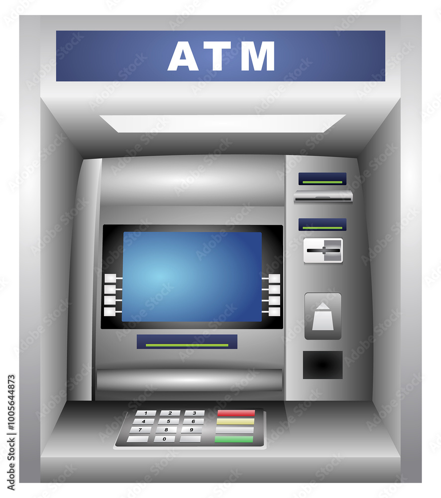 An illustration of a ATM Machine, atm bank cash machine with screen, Keypad for debit or credit card. Realistic Illustration of a ATM Machine with blank Interface, Keypad, Slot for Credit Card and Cur An illustration of a ATM Machine, atm bank cash machine with screen, Keypad for debit or credit card. Realistic Illustration of a ATM Machine with blank Interface, Keypad, Slot for Credit Card and Cur
