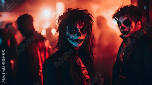 Dramatic Gothic Halloween Costume Party with Eerie Vampires Howling Werewolves and Shambling Zombies Captured in Chiaroscuro Style with Rich photo