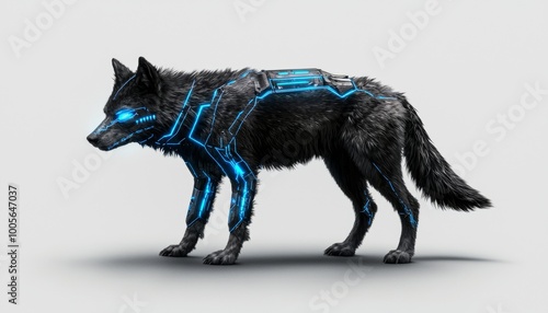 Concept art for a futuristic pet--an engineered wolf companion with enhanced strength and speed. photo