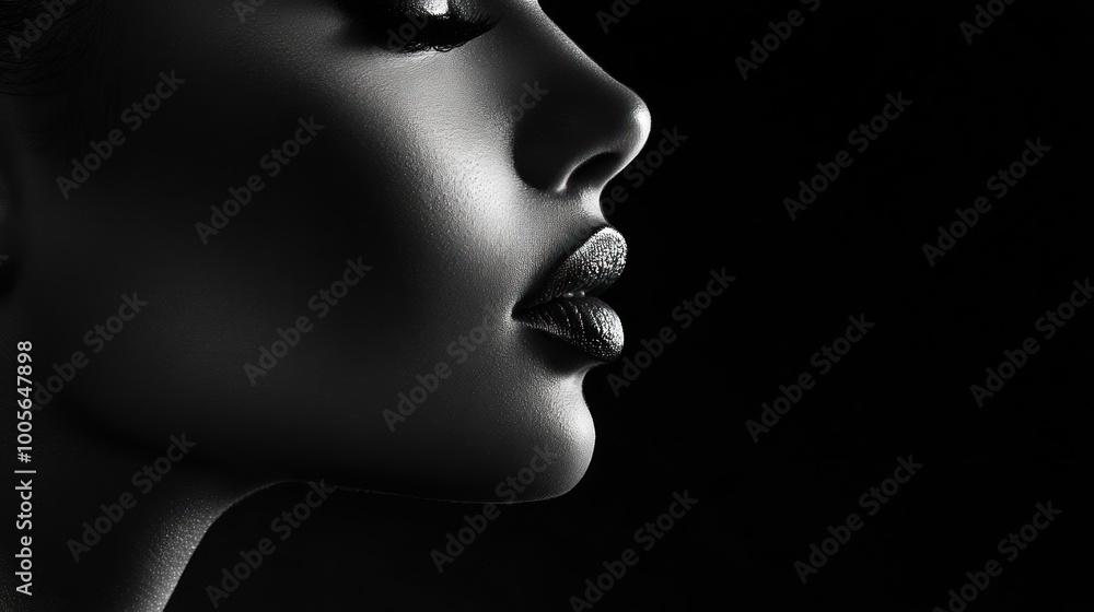 A monochromatic profile of a woman's face, emphasizing lips and contours in dramatic lighting. A monochromatic profile of a woman's face, emphasizing lips and contours in dramatic lighting.