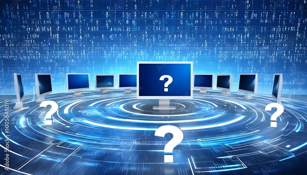 Floating white question marks amidst a digital ocean of interconnected ...