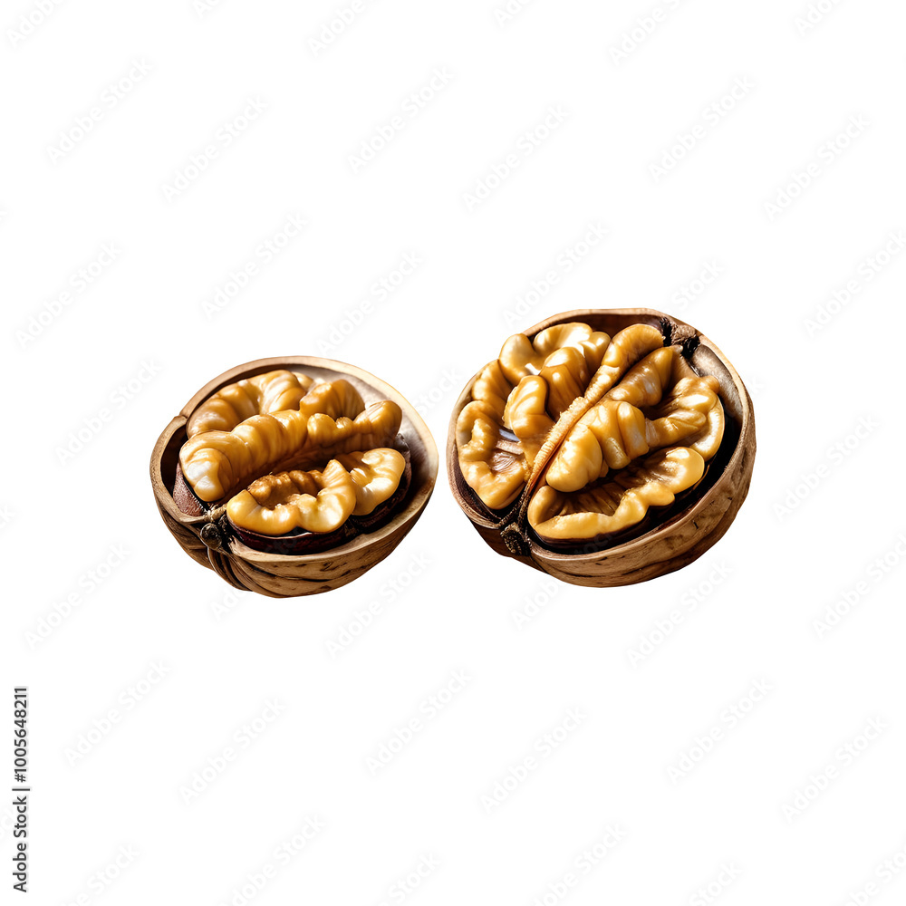 A delightful duo of freshly cracked walnut kernels isolated on a transparent or white background. A delightful duo of freshly cracked walnut kernels isolated on a transparent or white background.