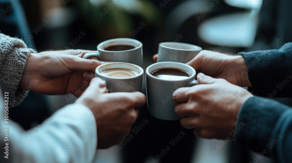 Four hands holding coffee cups in a social gathering. Four hands holding coffee cups in a social gathering.