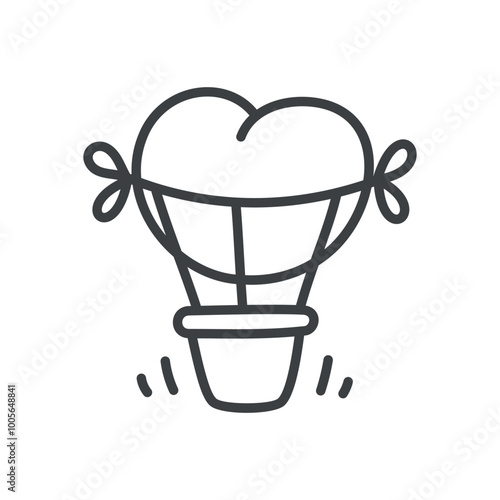 Cute aerostat  icon. Hand drawn monochrome illustration of a heart-shaped hot air balloon isolated on a white background. Vector 10 EPS.

