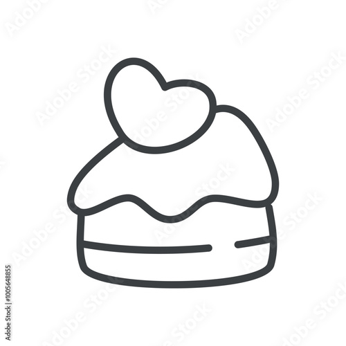 Cute cake icon. Hand drawn monochrome illustration of a creamy dessert with a little heart isolated on a white background. Vector 10 EPS.