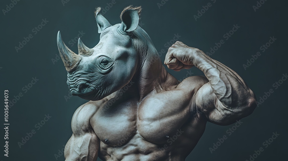 A rhinoceros head on a human body in a bodybuilder s pose, flexing muscles, on a dark grey solid background A rhinoceros head on a human body in a bodybuilder s pose, flexing muscles, on a dark grey solid background