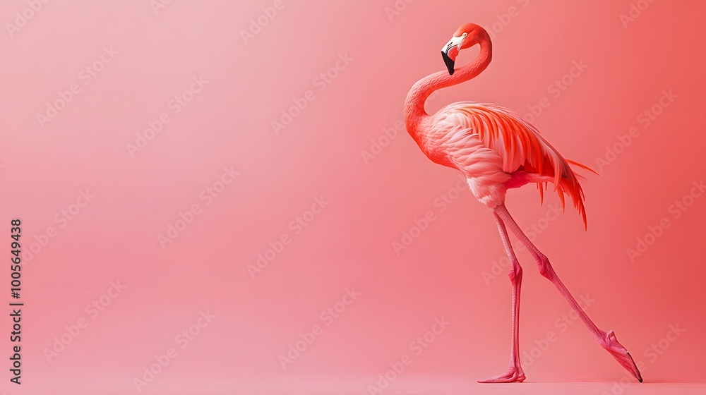A stunning pink flamingo gracefully walks across a soft pink background, showcasing its elegance and vibrant colors. A stunning pink flamingo gracefully walks across a soft pink background, showcasing its elegance and vibrant colors.