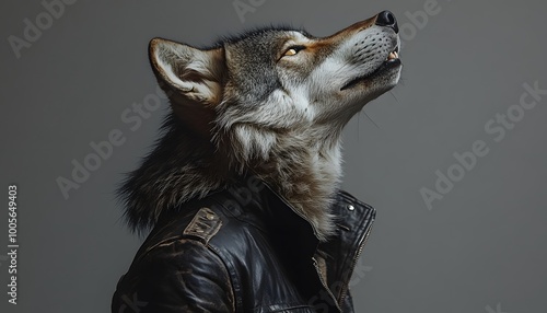 A wolf s head on a human body in a leather jacket, striking a dramatic, howling posture, on a grey solid background photo