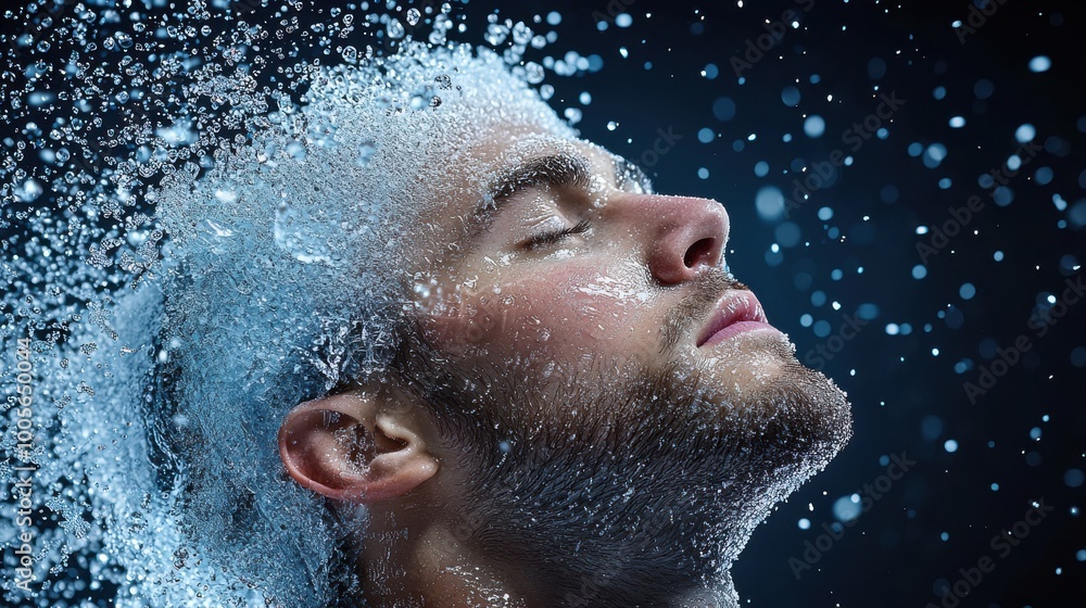 Man's serene face with water splash, closed eyes, dark blue background Man's serene face with water splash, closed eyes, dark blue background
