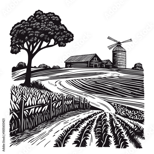 Black and White Linocut Landscape: Countryside Fields in Artistic Style