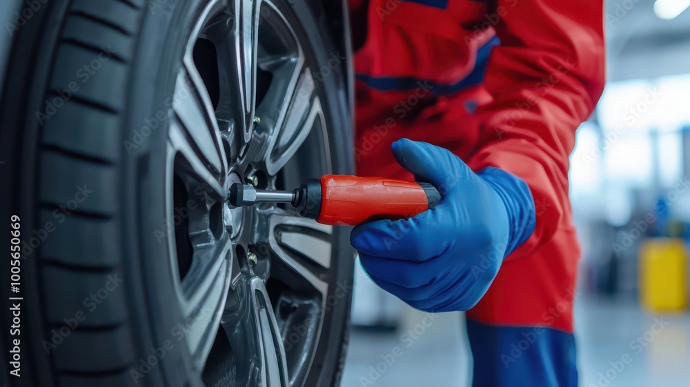 Fototapeta premium A mechanic in blue gloves uses a tool to adjust a car tire in a workshop, showcasing automotive repair skills and attention to detail.