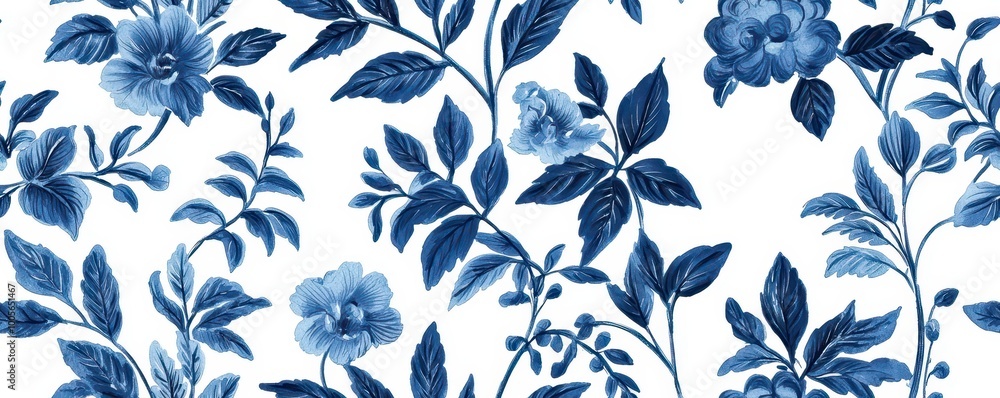 Obraz premium A detailed floral pattern featuring blue flowers and green leaves on a white background, perfect for fabric or wallpaper design.