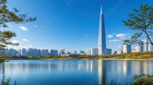 A modern city skyline with a tall skyscraper reflected in a calm lake with blue skies and green trees in the foreground.