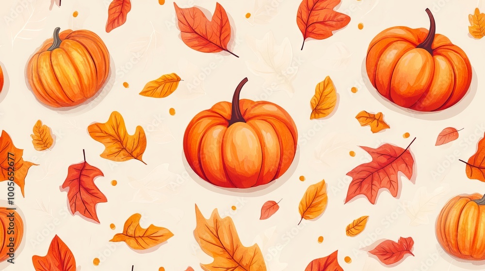 Seamless pattern of pumpkins and autumn leaves on a beige background. Seamless pattern of pumpkins and autumn leaves on a beige background.
