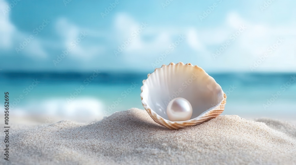 A close-up of a seashell with a pearl nestled inside, resting on a sandy beach with a serene ocean background. A close-up of a seashell with a pearl nestled inside, resting on a sandy beach with a serene ocean background.