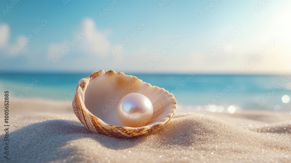 A pearl nestled in a seashell sits on a sandy beach, with a tranquil ocean view and clear blue sky in the background. A pearl nestled in a seashell sits on a sandy beach, with a tranquil ocean view and clear blue sky in the background.