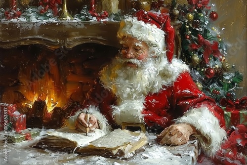 Vintage illustration of santa claus reading a christmas list by the cozy fireplace