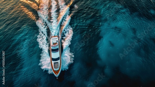 High speed boat rushing along the water surface of warm tropical waters, transfer of tourists. Aerial top view above