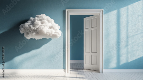 A door stands ajar in a brightly lit room, with a fluffy cloud gently floating beside it, creating an imaginative and dreamlike atmosphere photo