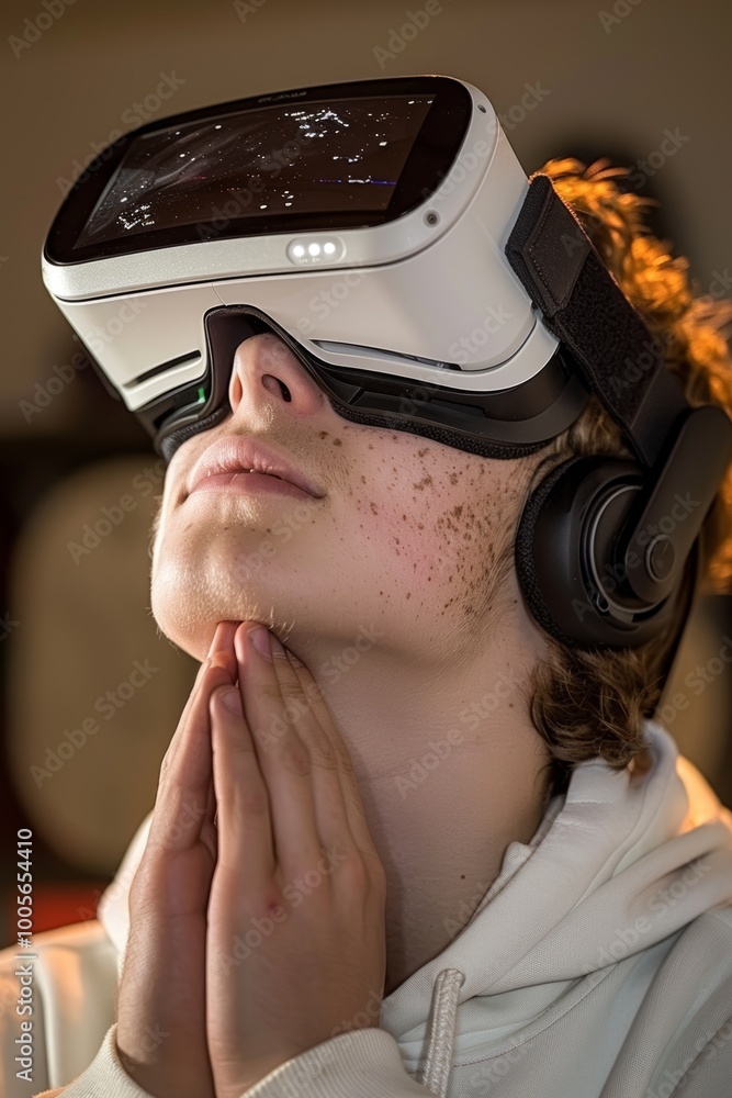 Young man deeply engaged with a virtual reality headset, isolated on a pristine white background. Young man deeply engaged with a virtual reality headset, isolated on a pristine white background.