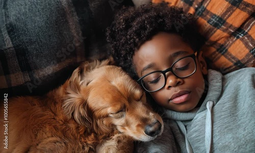 A young black boy with glasses sleeps peacefully, sometimes opening his eyes, snuggled up to his golden retriever dog, relaxed and contented. photo