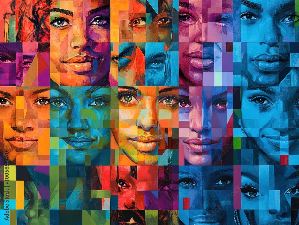 Obraz premium Vibrant Mural of Diverse Women’s Faces: A Stunning Poster for Sporty Interiors, Celebrating Unique Expressions Against a Geometric Background of Bold Colors