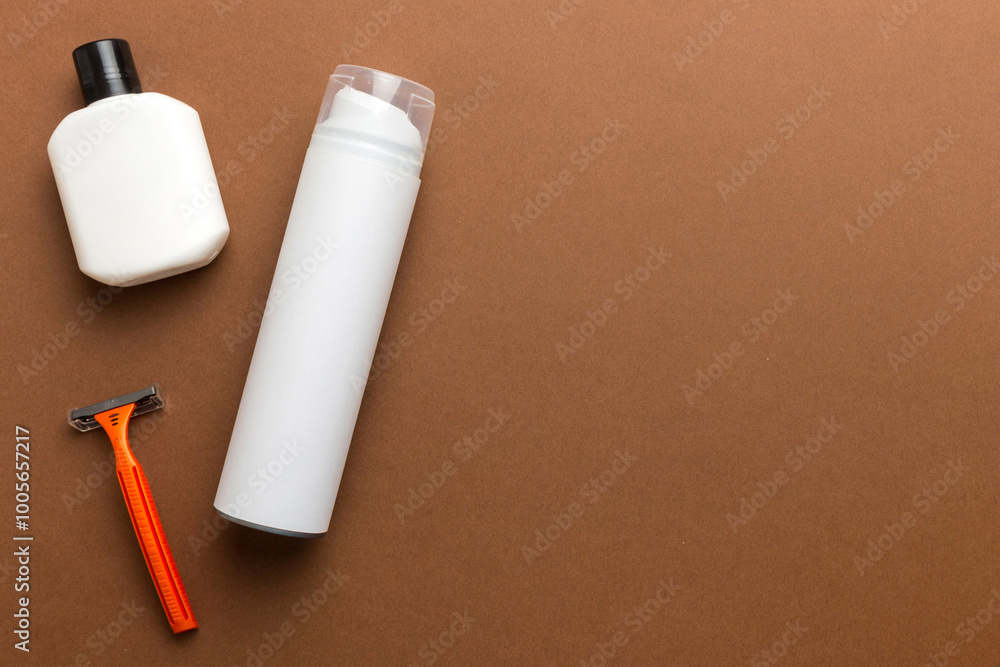 shaving man set. shaving machine, towel, lotion and shaving foam on colored background. Men bath Accessories top view shaving man set. shaving machine, towel, lotion and shaving foam on colored background. Men bath Accessories top view