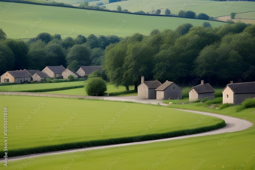 Obraz premium Picturesque Small Village in the Countryside Generative AI illustration
