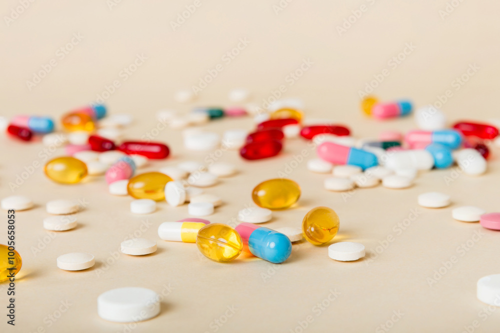 Many different colorful medication and pills perspective view. Set of many pills on colored background Many different colorful medication and pills perspective view. Set of many pills on colored background