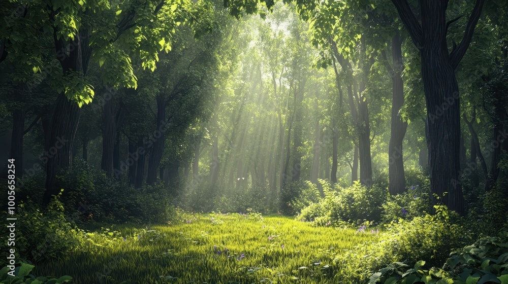 Obraz premium Sunbeams Piercing Through a Lush, Green Forest