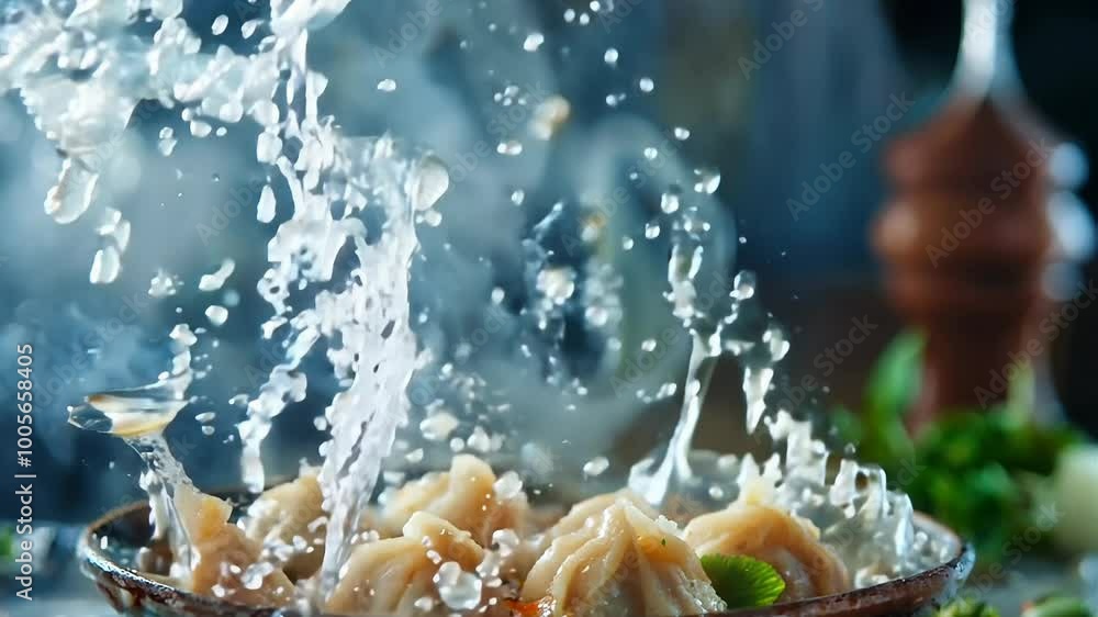 Dumplings in Slow Motion with Sizzling Splash in Vibrant Pan Dumplings in Slow Motion with Sizzling Splash in Vibrant Pan