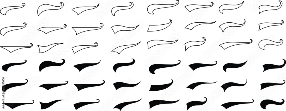 Swoosh and swash tails line and flat collection. Swooshes text tail for baseball design. Sports swash underline shapes set in retro style. Swish typography font element for athletics, football