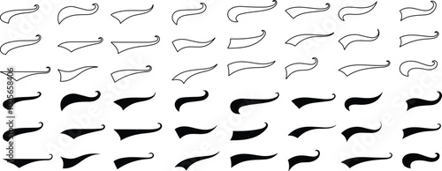 Swoosh and swash tails line and flat collection. Swooshes text tail for baseball design. Sports swash underline shapes set in retro style. Swish typography font element for athletics, football