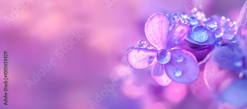 Panel kuchenny z motywem Macro photography of flower with water drops on blurred purple background. Minimalistic floral purple background. Banner.