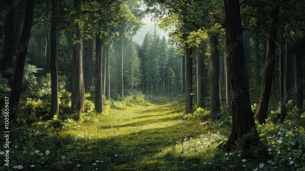 Naklejka premium Sunlit Path Through a Dense, Green Forest