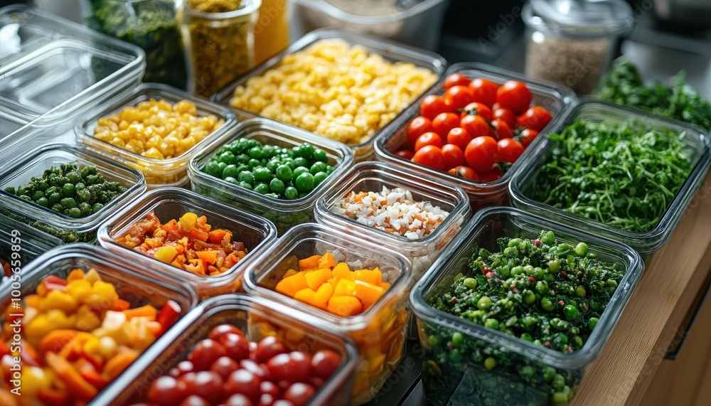 Colorful array of fresh vegetables in glass containers on a kitchen countertop, highlighting healthy meal preparation. Colorful array of fresh vegetables in glass containers on a kitchen countertop, highlighting healthy meal preparation.