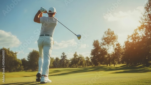 Golfer in white attire swinging club on lush green course under a bright sky with trees in the background. photo