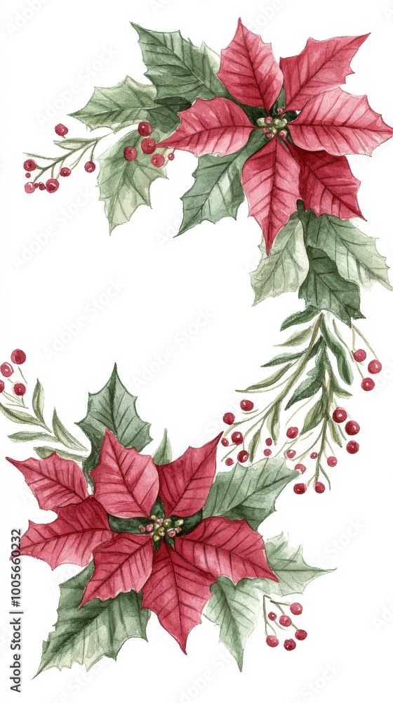 Softly blended watercolor illustration of a Christmas wreath with poinsettias. Softly blended watercolor illustration of a Christmas wreath with poinsettias.