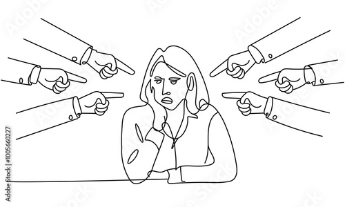 Line Art of Woman Facing Accusation Surrounded by Accusing Hands, Concept of Judgment, Criticism, and Blame