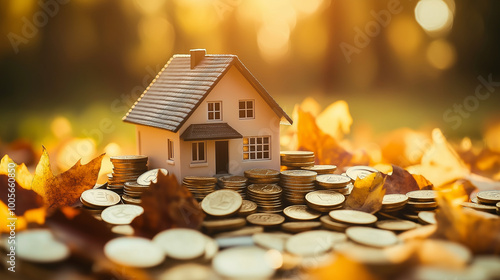 Wallpaper Mural A house model surrounded by coins, symbolizing the strategic decision of refinancing and investing in property to maximize financial returns. Torontodigital.ca